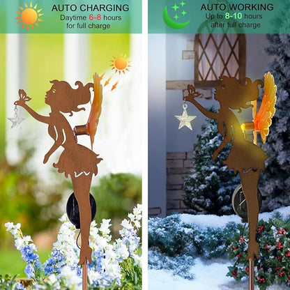 Solar Garden Statue Outdoor Decor, Art Fairy Star Figurine Light Stake, Garden Decoration Ornament for Patio Lawn Yard Pathway, Housewarming & Unique Gift for Gardening Mom Grandma