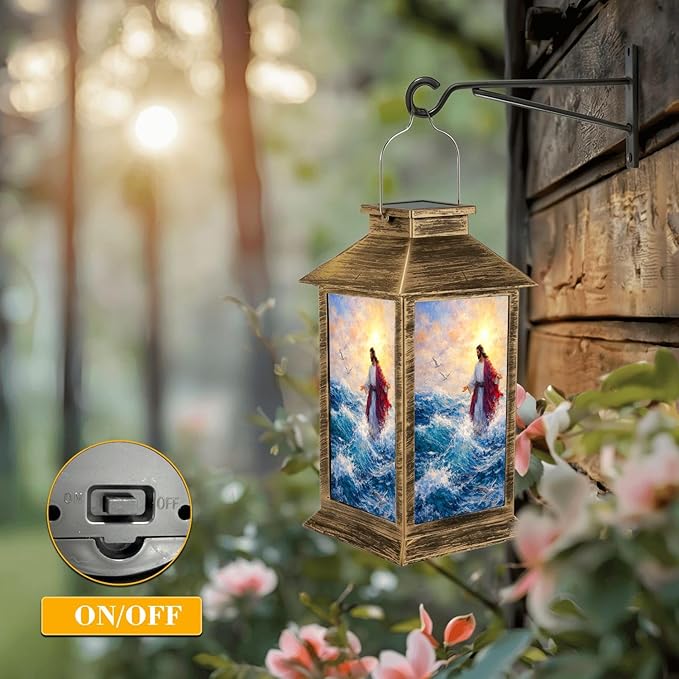 Solar Lantern Outdoor Waterproof Jesus Walks Water Christian Stories Walking Biblical Figure Waves Garden Decor LED Solar Lights Hanging/Tabletop Lamp Gifts for Women Mom for Outside Yard Patio