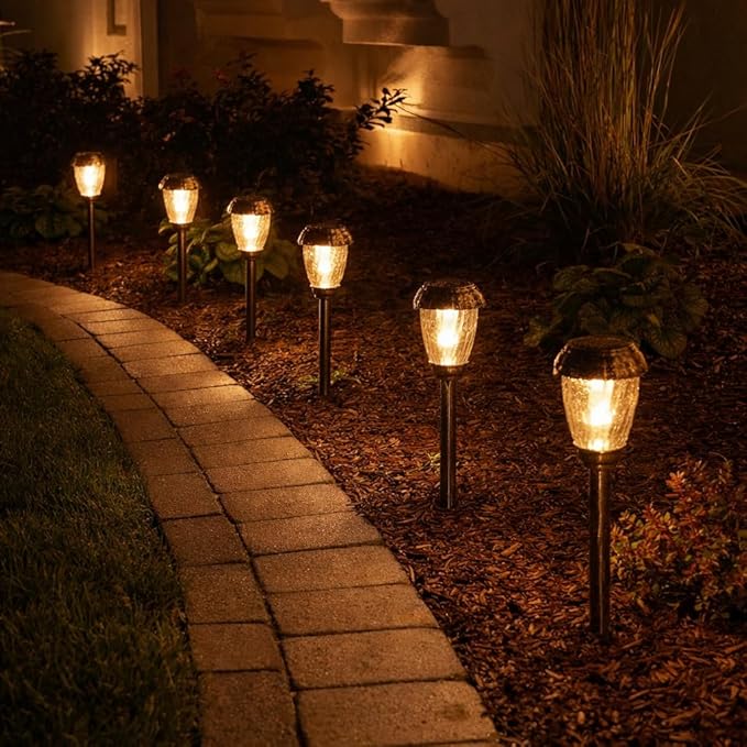 8 Pack Solar Pathway Lights Outdoor, IP65 Waterproof Dusk to Dawn Warm White Landscape Lighting - Stainless Steel Glass Garden Yard Walkway Lights