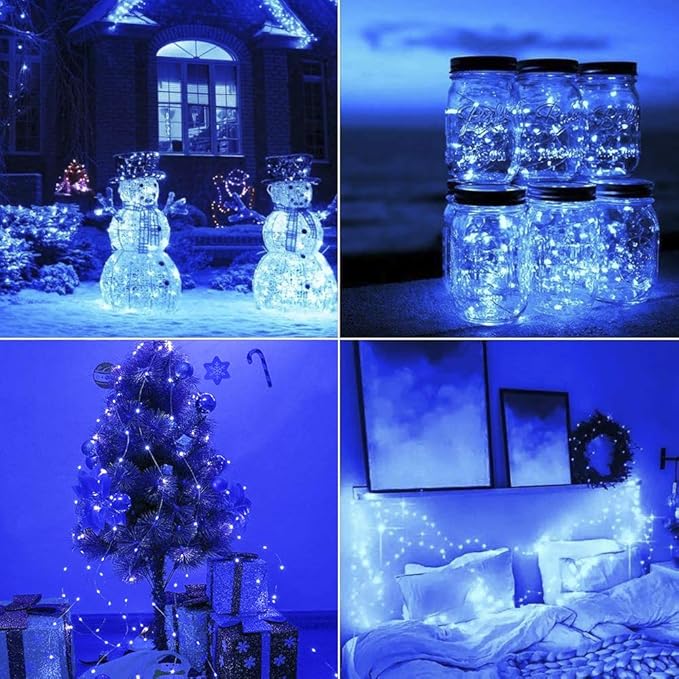 woohaha Solar String Lights, 2PACK 33ft 100 LED Blue Copper Wire Lights, Waterproof Fairy Decoration Starry String Lights - 8 Modes, Indoor/Outdoor for Gardens, Patios, Homes, Parties(Blue,2PCS)