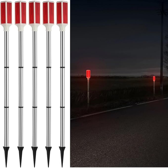Joyibay 5 PCS Solar Powered Driveway Markers, Solar Warming Landscape Lights, Solar Outdoor Driveway Lights, Landscape Driveway Reflectors on Poles for Snow Road Yard (Red)