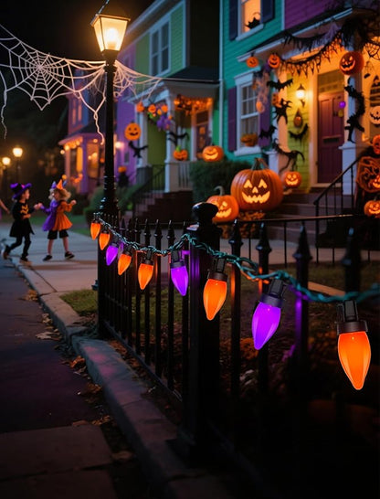 26FT Halloween String Lights Outdoor, 50 C7 LED Orange String Lights, Plug-in Halloween Patio Decorative Lights for Indoor Christmas Backary Porch House Holiday Party Decor