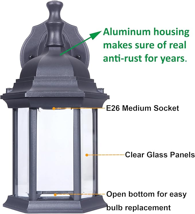 LIT-PaTH Outdoor Wall Lantern, Wall Sconce as Porch Lighting Fixture, E26 Medium Base Max 60W, Aluminum Housing | Lumora