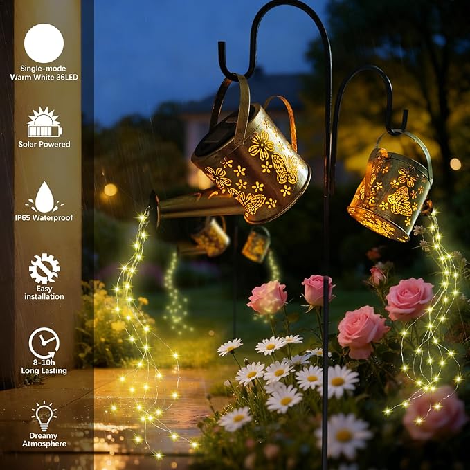 DDQ Solar Watering Can Lights, Warm White/Color LED with Shepherd Hook, IP65 Waterproof Metal Garden Decor, Auto | Lumora