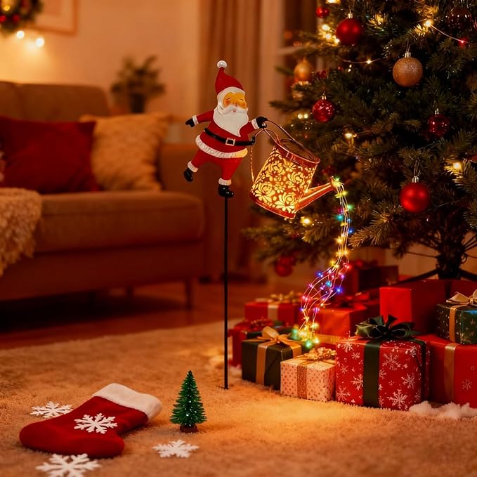 Christmas Santa Solar Kettle Light, IP65 Waterproof Santa Solar Garden Lights Outdoor, Cute Santas Solars Watering Can Cascading Light LED, Novelty Santas Solars Christmas Decorations Night Lights