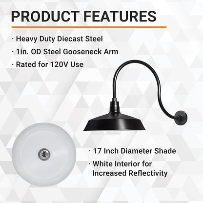 17in. Satin Black Outdoor Gooseneck Barn Light Fixture With 24in. Long Extension Arm - Wall Sconce Farmhouse, Vintage, Antique Style - UL Listed - 9W 900lm A19 LED Bulb (5000K Cool White)