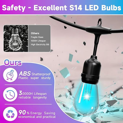RGB Safety String Lights 50FT - Commercial Grade Low Voltage Strand with 20 S14 Shatterproof Bulbs for Tree Garden Yard bistro Cafe | RGB Party Lights & Outdoor Lights | IP65 Waterproof | UL Listed