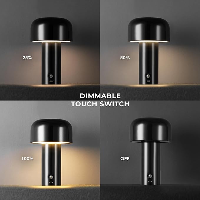 Globe Electric 60000118 8" 1.5W LED Integrated Outdoor Table Lamp, Black, Plug-in Rechargeable Battery, USB-C Cable, Frosted Acrylic Diffuser, 4-Step Dimmer Touch Switch, Wet Rated