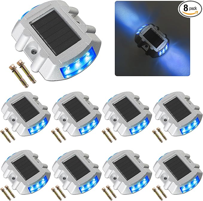 Solar Deck Lights Driveway Dock Lights 8 Pack, Outdoor LED Solar Powered Waterproof Warning Step Lights for Driveway Sidewalk Pathway Yard Garden(Blue)