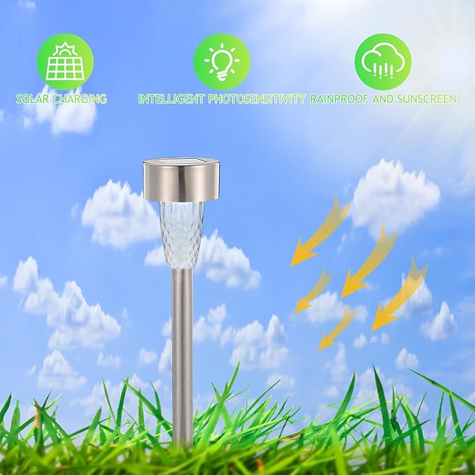 12pcs Solar Garden Stake Lights Stainless Steel White Light Outdoor Solar Pathway Lighting for Yard Patio | Lumora