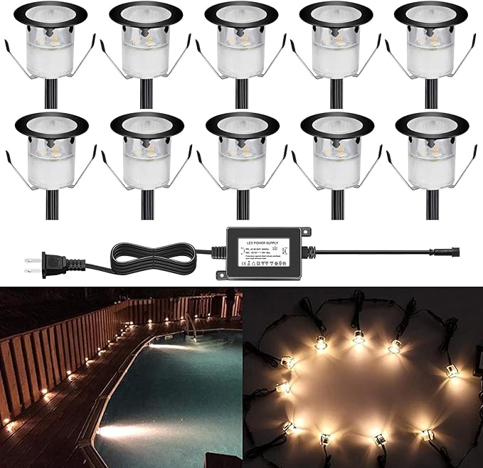 Low Voltage LED Deck Light Kit Stainless Steel Waterproof Recessed Wood Decking Stairs Garden Yard Patio Decor Lamp Outdoor LED Lighting Black Border(Warm White, 10pcs)