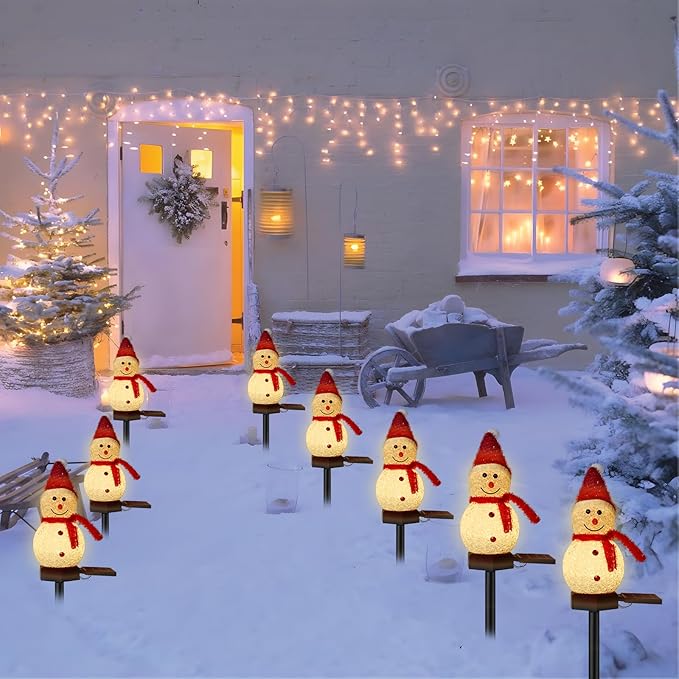 Solar Christmas Decorations Outdoor, 8PCS Snowman Shape Solar Christmas Stakes Lights, Xmas Pathway Lights for Xmas Yard, Garden, Patio Decor