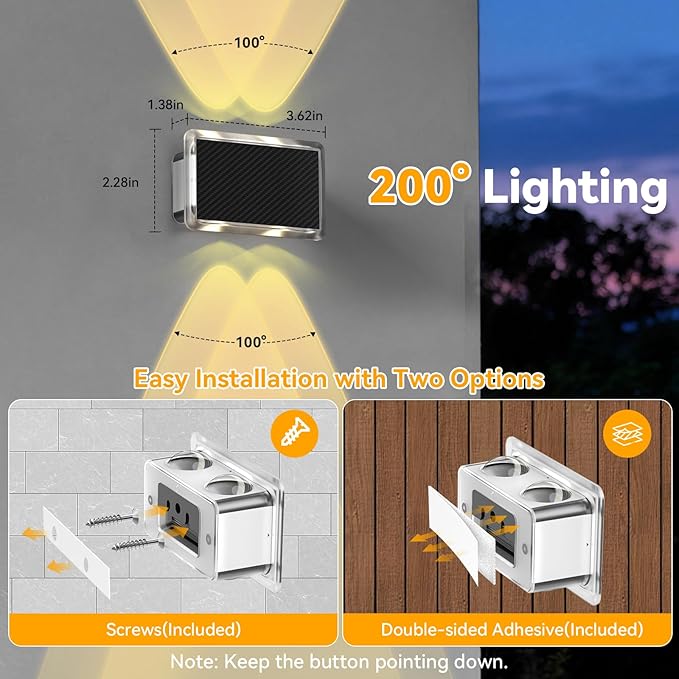TECKNET Solar Fence Lights 2 Pack, 8 Modes RGB Color Changing, Up Down Lights & 200°Wide Lighting, IP66 Waterproof Dual-Lens LED Decorative Lights for Wall/Garden/Fence/Patio/Backyard