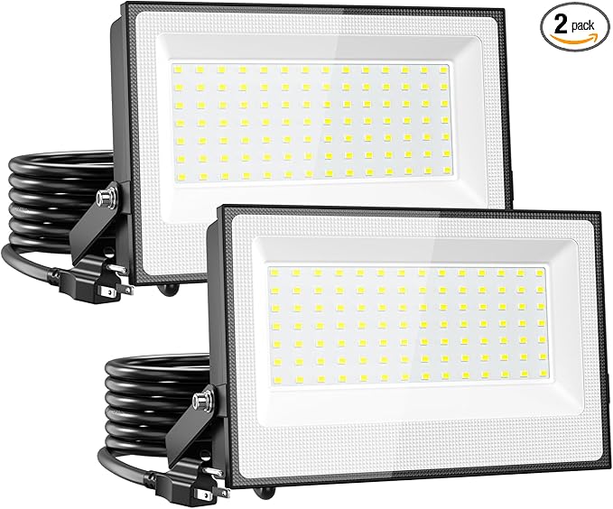 Onforu 120W Flood Lights Outdoor, 12000lm Bright LED Work Light with Plug, 6500K Daylight White LED Flood Lighting, IP66 Waterproof Security Yard Lights for Yard Garage Stadium 2 Pack