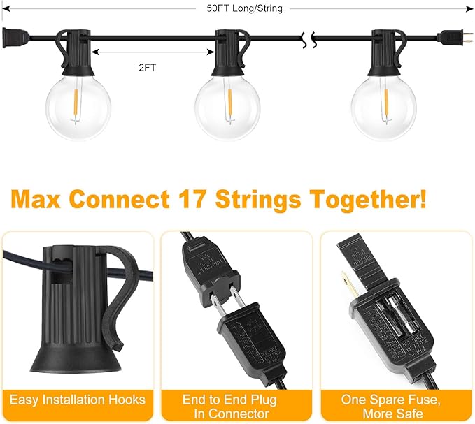 100ft 2-Pack Outdoor G40 LED Globe String Lights Dimmable Waterproof Shatterproof Light Strings with 52 Bulbs | Lumora
