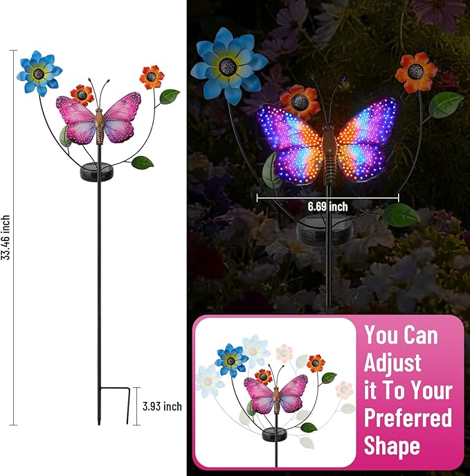 Solar Butterfly Garden Lights, 2 Lighting Modes, Colorful LED with Flower & Butterfly Decor, Waterproof Solar Stake Lights for Garden Yard Patio Lawn Pathway (Purple)