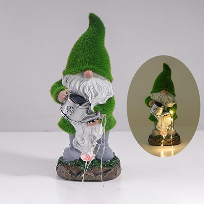 Solar Gnomes Garden Statues, Resin Figurine with Bright Solar Lantern Lights, LED Outdoor Garden Decor Light with Welcome Sign, Christmas Gifts Yard Art Sculptures for Patio Lawn (Green)