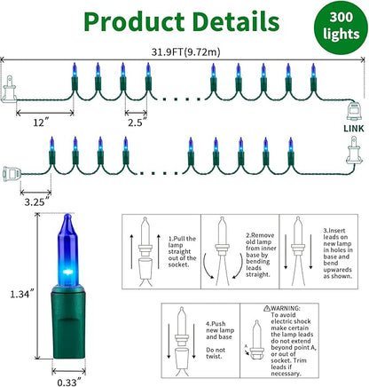 LAMPHOME Blue Christmas Lights Decoration 300Lights 63.8ft(2pk of 150L) UL Certified Mini Bulb String Lights Set Hanukkah Traditional Light for Outdoor Christmas Tree Garden Holiday Party Patio Decor