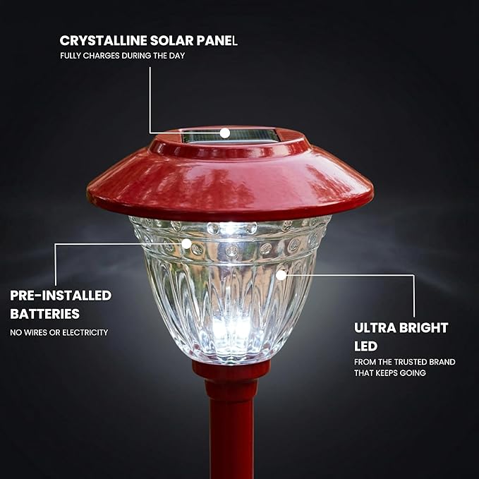 Energizer Bright Solar Lights for Outside - 8 Pack IP65 Waterproof 15 Lumen LED Landscape Lights with Patterned Glass & Metal Finish, Backyard Solar Lights with Worry Free Installation - Red