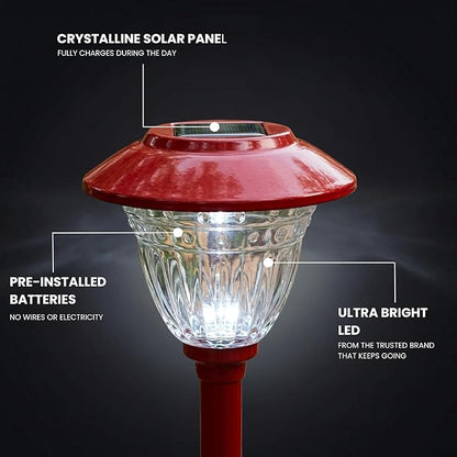 Energizer Bright Solar Lights for Outside - 8 Pack IP65 Waterproof 15 Lumen LED Landscape Lights with Patterned Glass & Metal Finish, Backyard Solar Lights with Worry Free Installation - Red