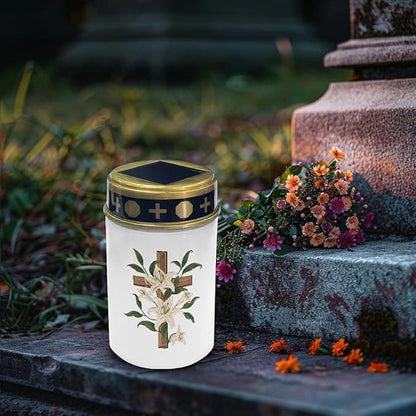 Cross Lilie Cemetery Lights for Grave Solar Waterproof Led Solar Lights for Outside Solar Cross Cemetery Grave Cemetery Candle Holder for Grave Cemetery Light Blessed Candles