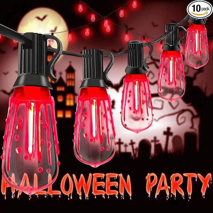 Abeja LED Flame String Lights, 10Ft ST40 Halloween Flicker Flame String Lights with 10 LED Flame Bloody Tears Bulbs, Hanging Outdoor Halloween Light for Patio Garden Party Backyard -Black