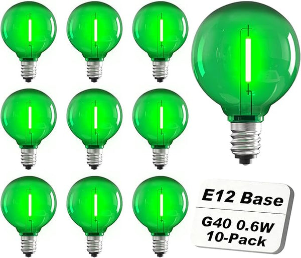 10 Pack G40 LED Replacement Bulbs, E12 Candelabra Base, 0.6W Green Globe Light Bulbs, Shatterproof Plastic Shell | Lumora