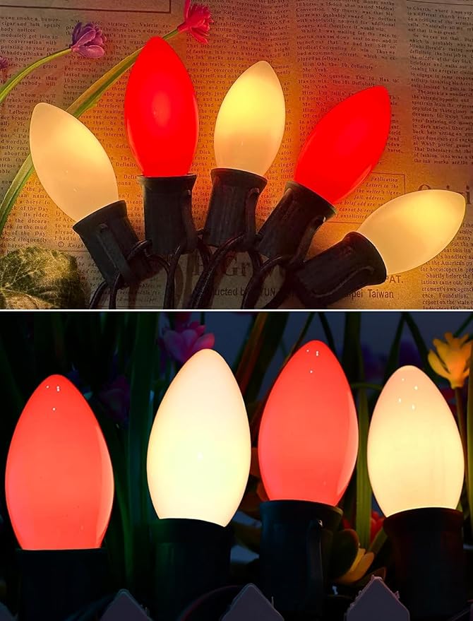 25FT C9 Christmas Lights Outdoor,Red and White C9 Christmas Lights with 26 Ceramic Bulbs(1 Spare), Connectable Incandescent Xmas Light for Indoor Outdoor Party Home Decor,Green Wire