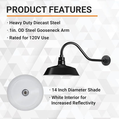 14in. Satin Black Outdoor Gooseneck Barn Light Fixture with 22in. Long Extension Arm - Wall Sconce Farmhouse, Vintage, Antique Style - UL Listed - 9W 900lm A19 LED Bulb (5000K Cool White)