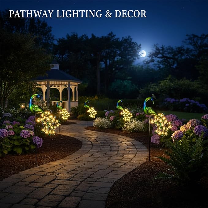 Solar Garden Lights Metal Peacock Garden Decor Waterproof Peacock Solar Stake Lights Decorative for Outdoor Patio Lawn Porch Yard Decorations Peacock Gift for Mom Grandma Women Birthday Gardening