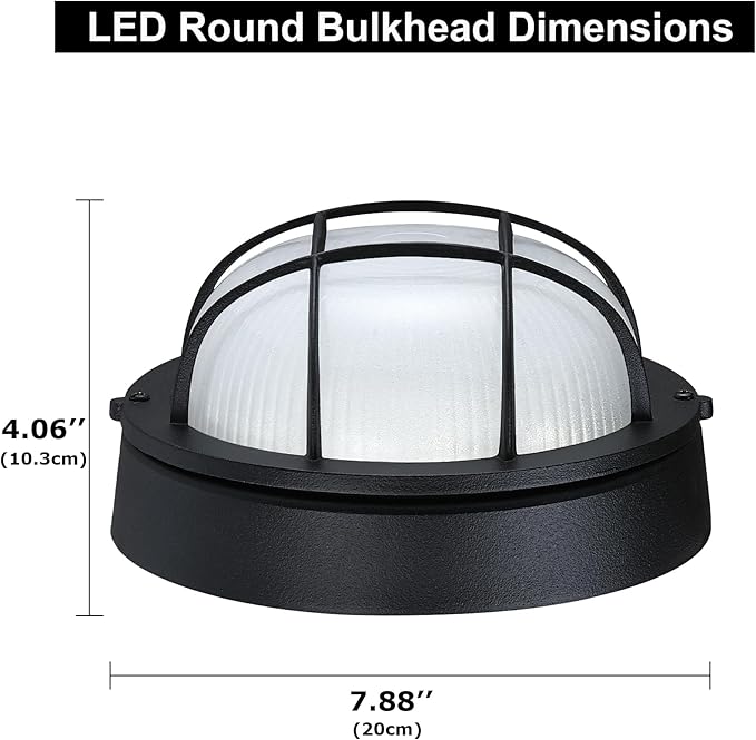 GRUENLICH 8'' Round LED Bulkhead Light, Outdoor Wall Lights Dimmable, Sauna & Exterior Lighting, ETL Rated, 15W 1600 Lumen, 5000K Daylight White, Black Cast Aluminum, Wall/Ceiling Mount, 1 Pack
