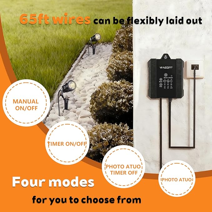 Low Voltage Landscape Lighting Kit, 8-Pack LED Bright Durable Spotlights 550Lumens, 65W Transformer with Sensor | Lumora