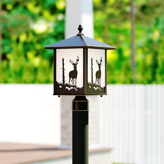 VAXCEL Bryce 1L Bronze Rustic Outdoor Deer Tree Post Light White Glass | Lumora