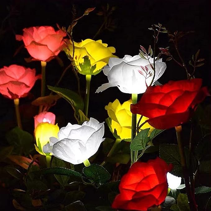 2Pcs Solar Flowers Lights Outdoor Waterproof Single Head Rose Flowers Stake Light Garden Landscape Lighting for Outdoor Yard Lawn Path Balcony Party Decoration