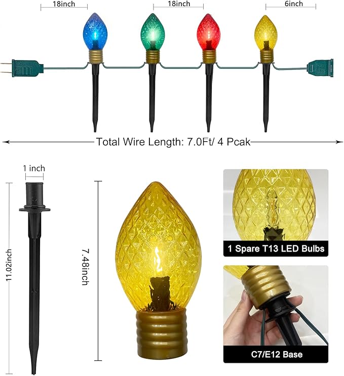 Jumbo C9 Christmas Pathway Lights Outdoor, 2 Pack Total 14Ft 8 LED C9 Giant Multicolor Christmas Walkway Lights, Connectable Outdoor Xmas Decorations Stakes Lights for Lawn Yard Garden Holiday