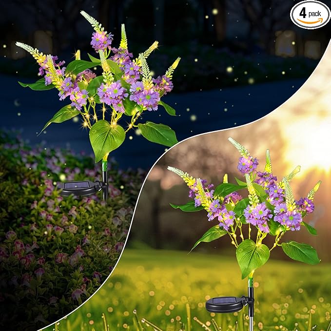 Neporal Solar Flowers Outdoor Waterproof Yellow, Decorative Garden Lights Solar Powered Dusk to Dawn, 8-Stem, 2 Lighting Modes Plants Lights for Yard, Backyard, Porch (Purple-2PK)