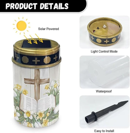 Cross Bible Solar Lights for Grave Solar Led Lights for Outside Waterproof Landscape Lights Cross Candle Holder for Cemetery Prayer Signs Solar Light Grave Garden Lawn Patio Yard Decor