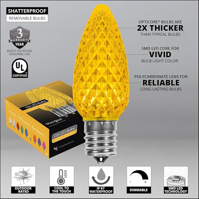 Wintergreen Lighting C9 OptiCore LED Commercial Outdoor Christmas Lights – Heavy Duty Christmas String Lights; Green Wire (50 Lights, 50 ft, Gold)