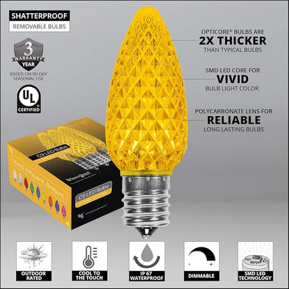 Wintergreen Lighting C9 OptiCore LED Commercial Outdoor Christmas Lights – Heavy Duty Christmas String Lights; Green Wire (50 Lights, 50 ft, Gold)
