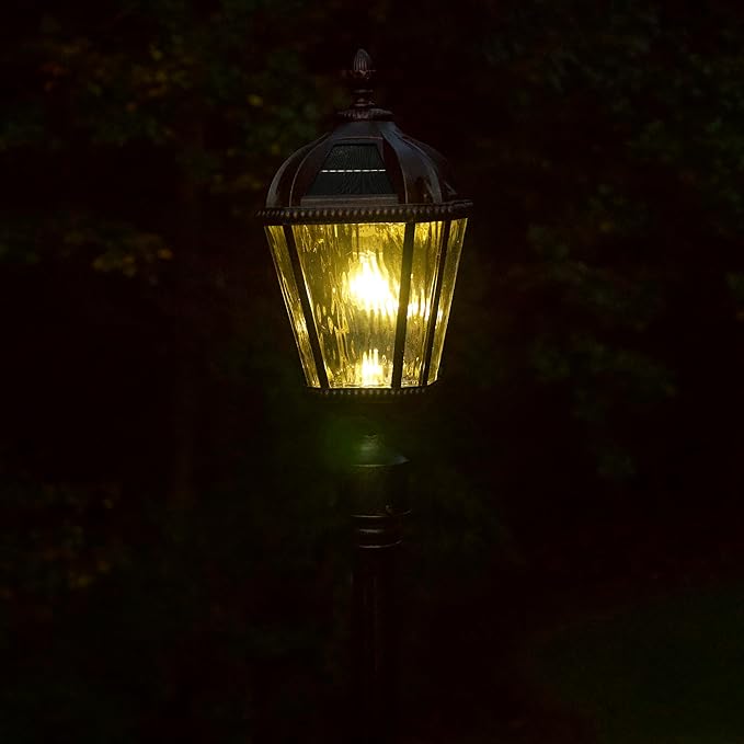 Gama Sonic Outdoor Solar Post Light, Brushed Bronze Finish Aluminum, Royal Bulb, Clear Rain Glass, 3-inch Fitter | Lumora