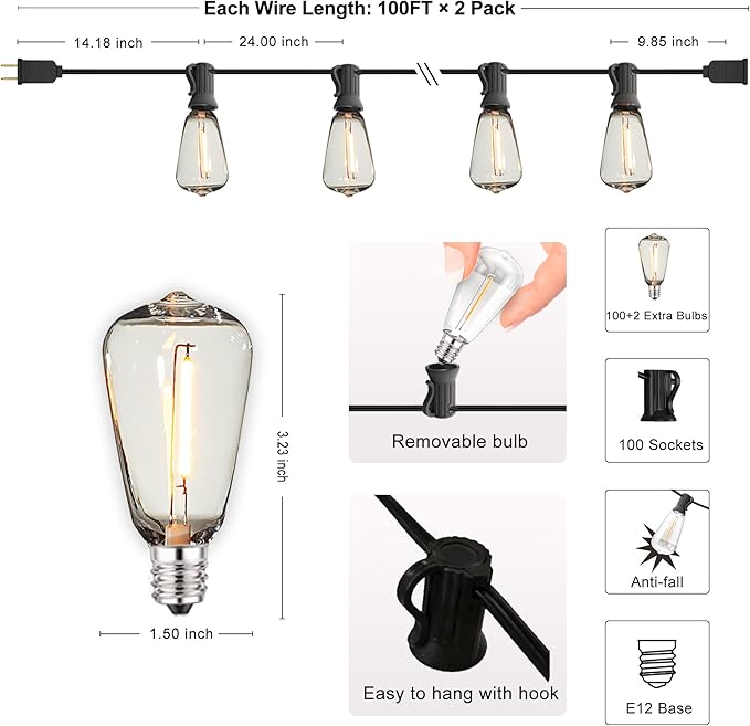 DAMAING Outdoor String Lights 200 FT Waterproof Patio Lights with 102 ST38 Shatterproof LED Bulbs, Dimmable Vintage | Lumora