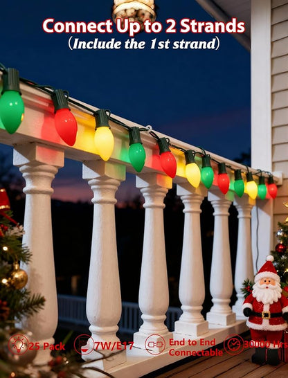 25Ft Red White and Green Christmas Lights,C9 Outdoor Christmas Lights with 26 Incandescent Bulbs(1 Spare),Extendable C9 String Lights Green Wire for Tree Xmas Roofline