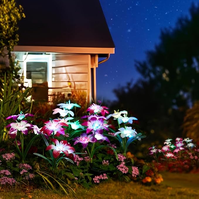 Solar Lights Outdoor Garden Decor, 6 Pack of 24 Lily Flowers Solar Lights, 7 Color Changing Solar Flowers Outdoor | Lumora