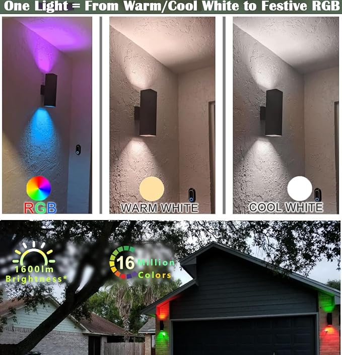 Tunable White Exterior Wall Light Fixtures 1200lm, RGB Color Up Down Outdoor Lights 2 Pack,Modern Dusk to Dawn Outdoor Lighting - Smart Outside Wall Lights for Garage,Porch（UL Listed