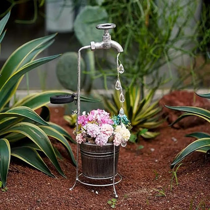 Solar Water Faucet Bucket Lights Outdoor Garden Decor, Waterproof Vintage Decorations with LED Light for Yard Lawn Patio Pathway