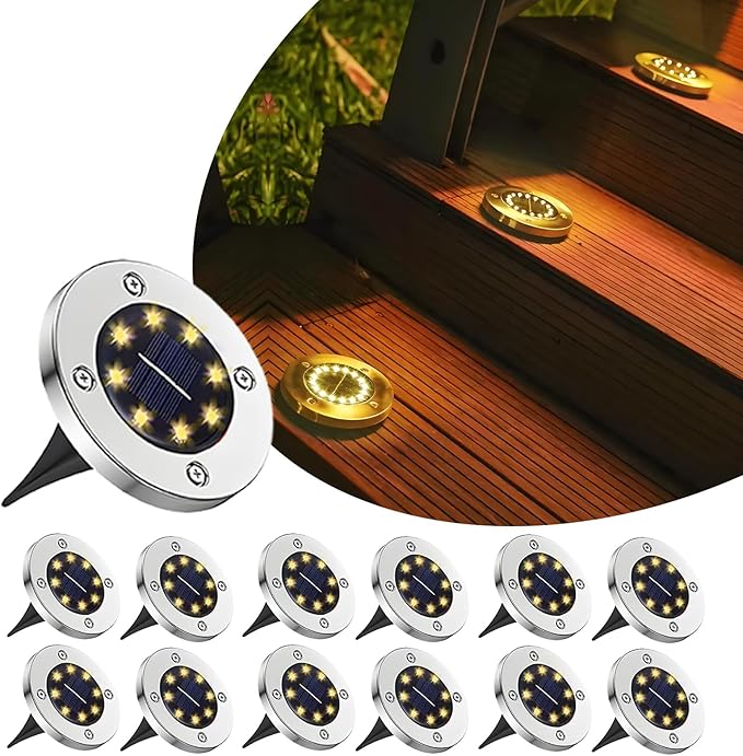 Solar Ground Lights Outdoor, IP65 Waterproof Landscape Lighting for Garden Patio Pathway Lawn Deck Cool White-Warm Light-RGB (Warm Light -12Pack)