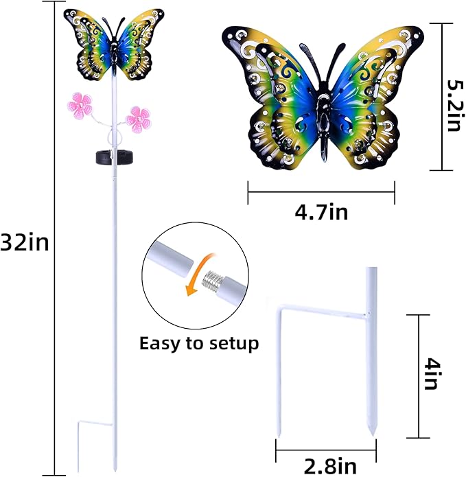 Outdoor Solar Garden Lights - 2 Pack Metal Butterfly Decorative Lights - Colorful LED Waterproof Stake Lights for Garden, Patio, Yard, Lawn, Walkway Decoration(Blue)