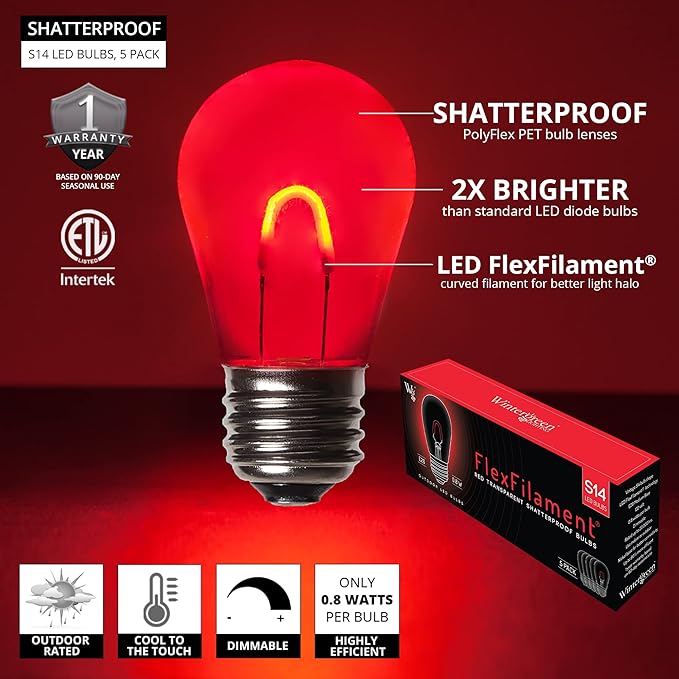 Wintergreen Lighting FlexFilament S14 LED Edison Light Bulbs Bistro Lights, Backyard Lights Patio String Lights LED Outdoor String Lights, S14 Bulbs (Shatterproof Polyflex PET, Red)