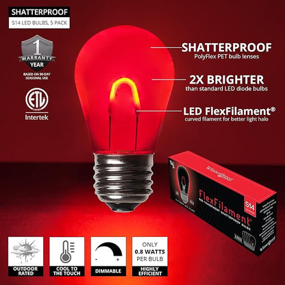 Wintergreen Lighting FlexFilament S14 LED Edison Light Bulbs Bistro Lights, Backyard Lights Patio String Lights LED Outdoor String Lights, S14 Bulbs (Shatterproof Polyflex PET, Red)