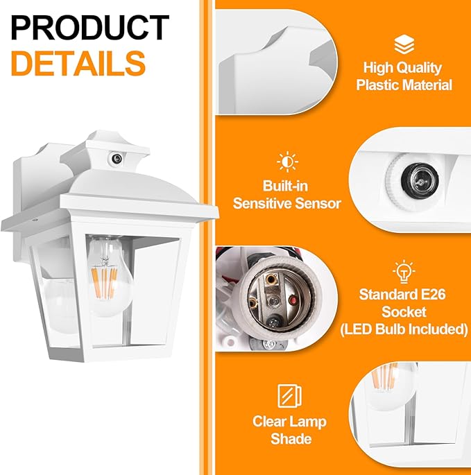 FUDESY Dusk to Dawn Outdoor Wall Lantern, Exterior Sensor Porch Light Wall Mount with LED Bulb, Waterproof Anti-Rust Wall Sconce Lighting , White Outside Light Fixtures for Hose, Front Door, Garage